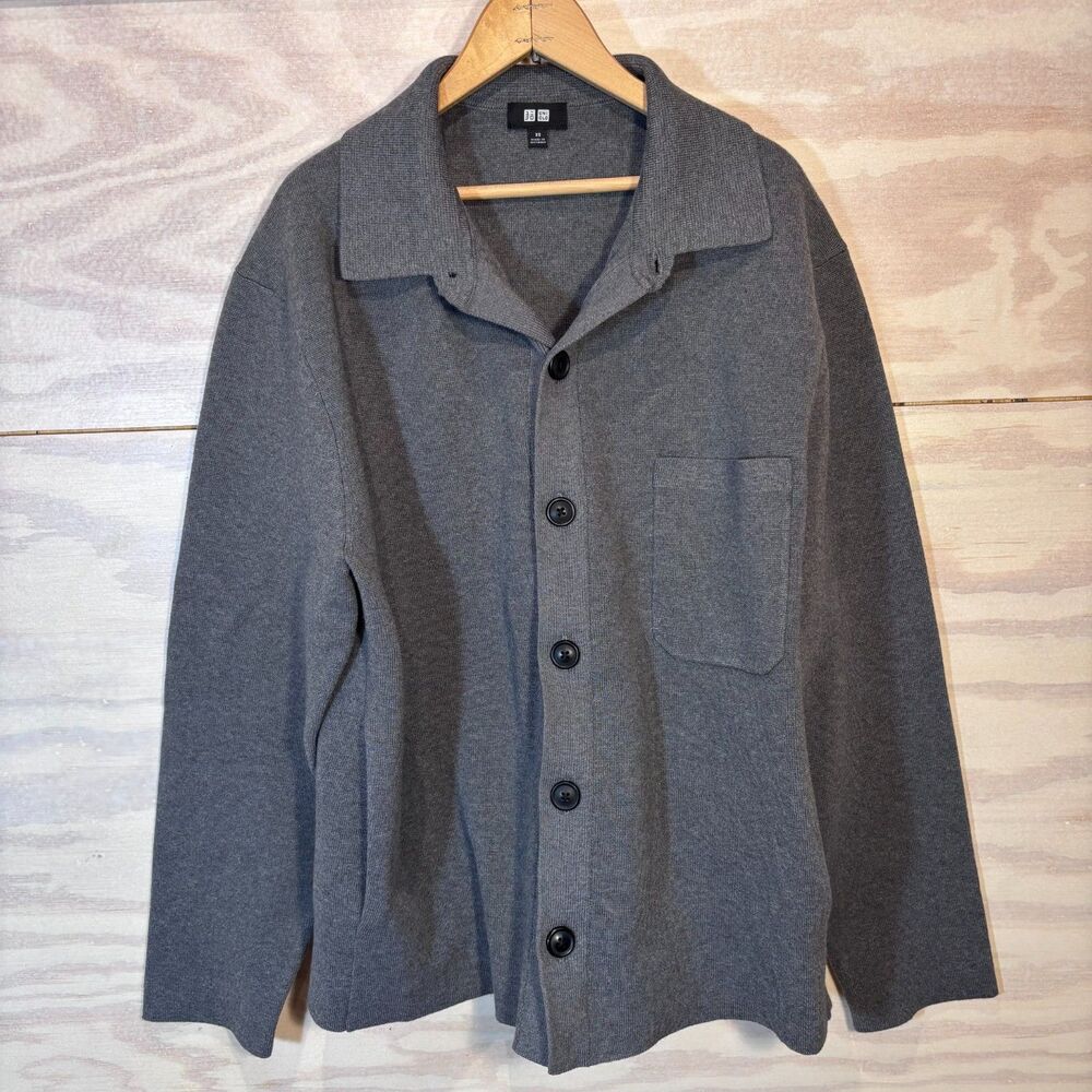 Uniqlo Milano Ribbed Shirt Collar Cardigan Unisex XS Gray Dark Academia Capsule